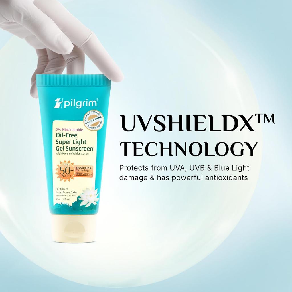 Pilgrim Солнцезащитный гель Hydra Glow с 5% ниацинамида, протестирован InVivo, SPF 50+ PA++++ (Упаковка из 2 шт.) с корейской рисовой водой | УФ-фильтры нового поколения | Легкий