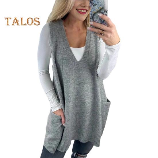 Женский свитер с V-образным вырезом, без рукавов, однотонный вязаный жилет с карманами, ребристая отделка, свободный крой, средняя длина, повседневный трикотаж