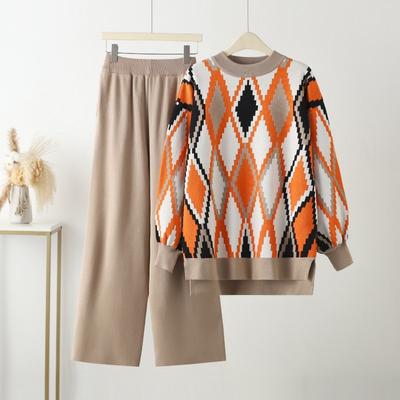 Повседневный контрастный цвет трикотажные брюки костюм женский осень зима свободный свитер с длинным рукавом широкие брюки наряды комплект из двух частей