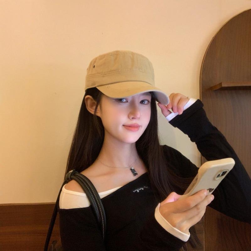 25 Early Autumn New High-end Flat-top Military Hat Cotton Korean Hat Women's Fashion Sunshade Sunscreen Breathable Hat