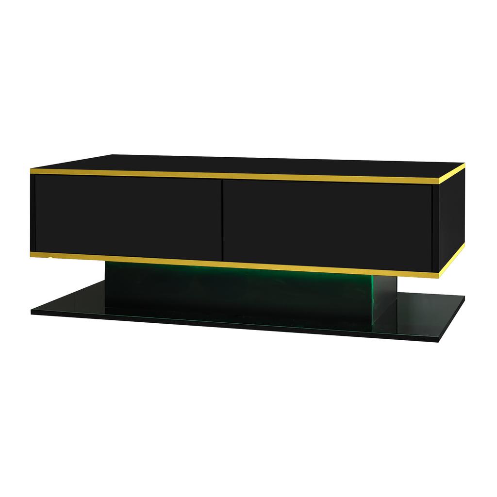 Modern LED Coffee Table with High Gloss, 100 cm Long, Gold Decoration, 3 Drawers & USB LED Light Strip (Adapter/Power Bank Required)