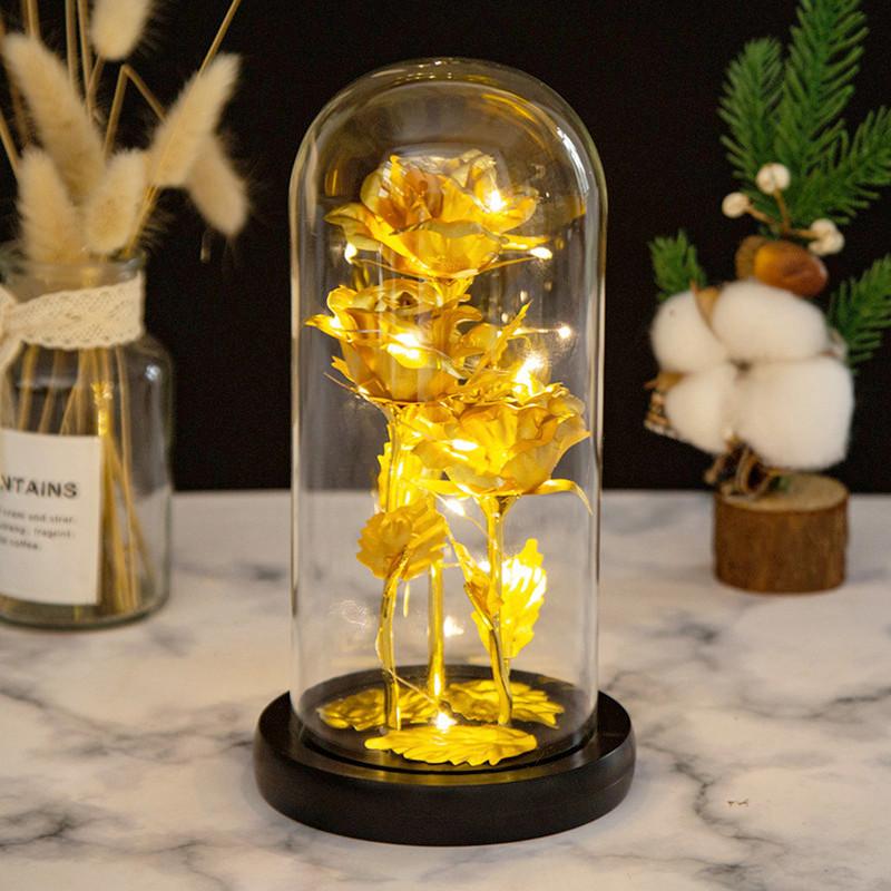Three gold leaf flower glass cover ornament, creative lover's mother's day gift eternal rose ornament