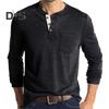 Мужской весенний топ с нагрудным карманом, застегивающимся на пуговицы О-образным вырезом, облегающий крой, длинный рукав, низ, однотонная эластичная футболка-пуловер