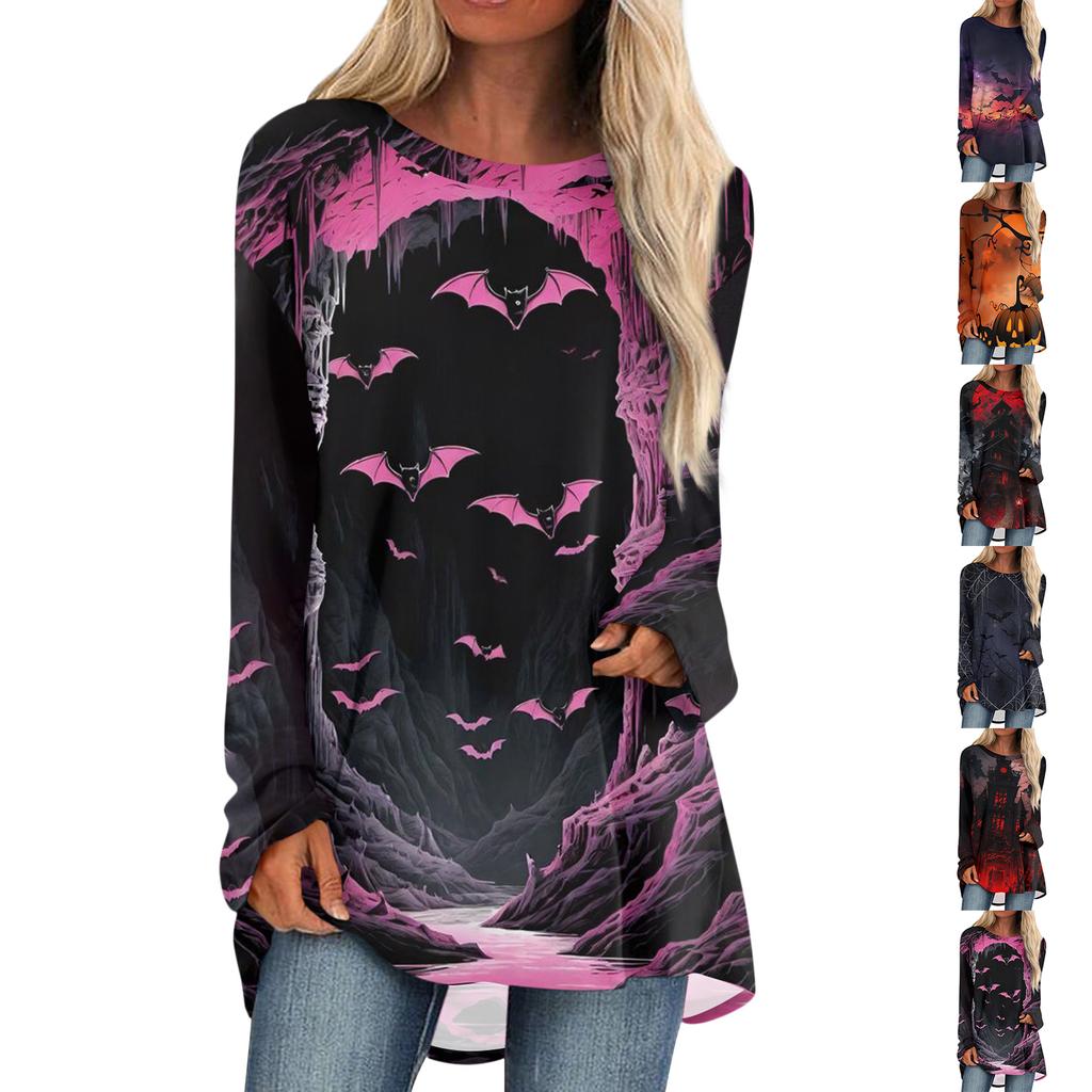 Women's Casual Fashion Halloween Print Long Sleeve Medium Length Top Blouse