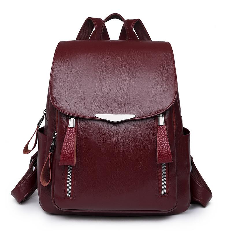 Women's Flap Backpack Solid Color PU Leather Large Capacity Female Daypack Backpack Rucksacks Casual Travel School Bag