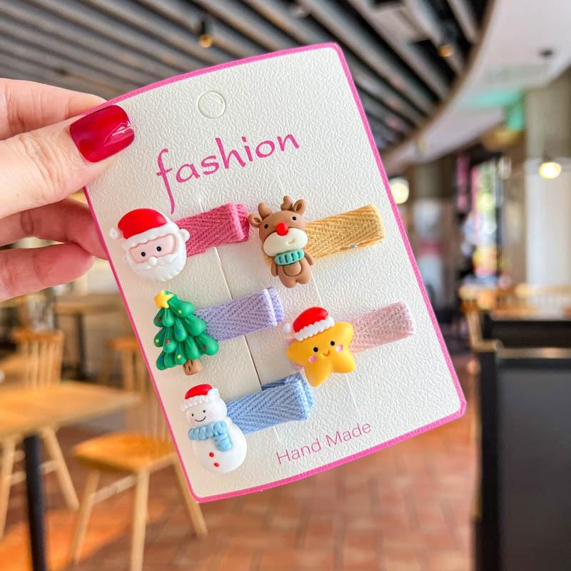 5pcs Children Christmas Hairpin Cute Snowman Christmas Tree Fabric Hair Clips Headwear Kids Hair Accessories Girls Gifts