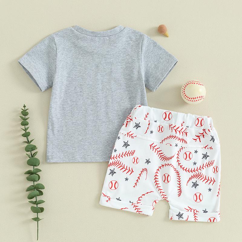 Комплект шорт для маленьких мальчиков 3, 6, 12, 18, 24 месяца, 3 года, футболка с короткими рукавами и круглым вырезом с буквенным принтом и шорты с бейсбольным узором, комплект из 2 предметов