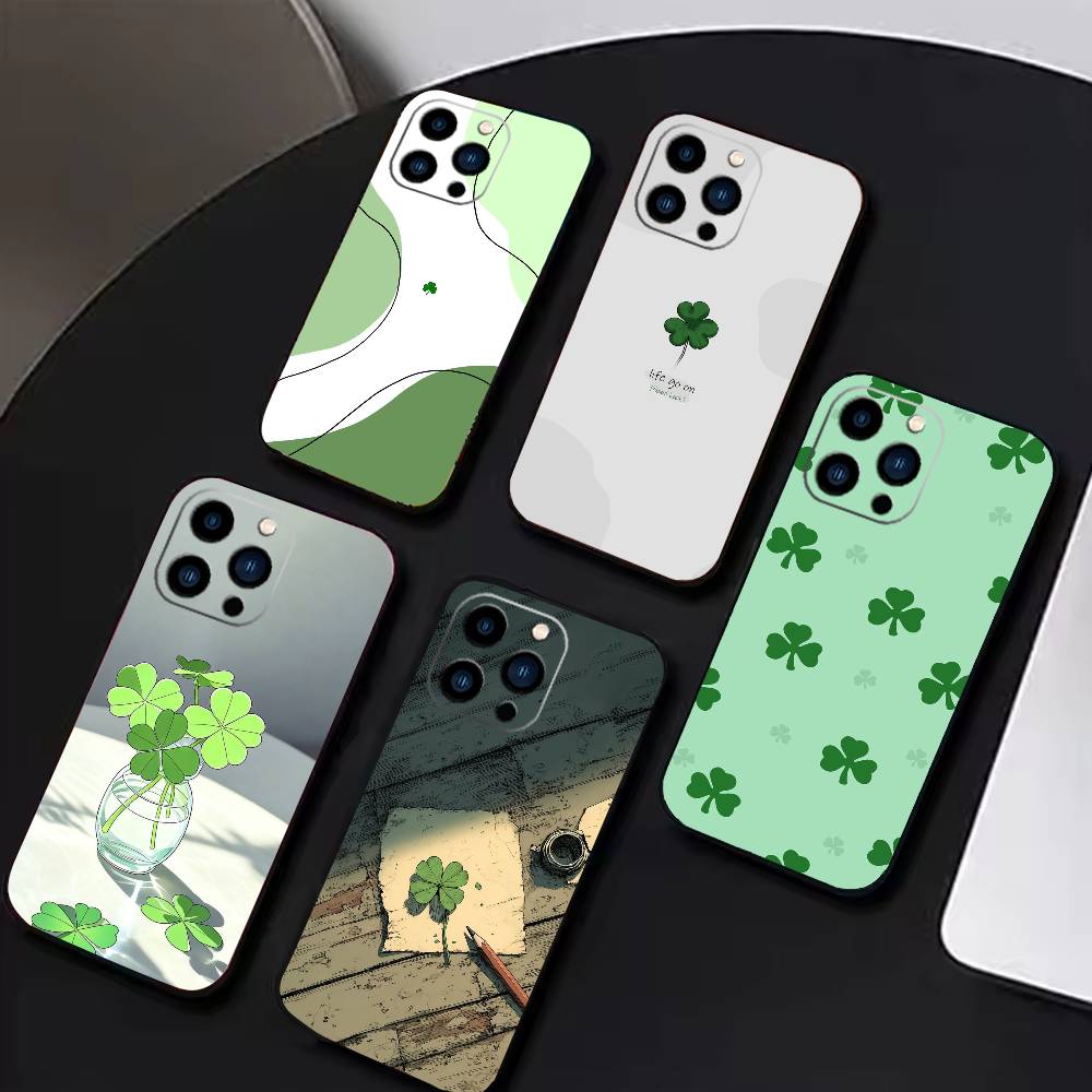 Чехол для телефона с четырехлистником для iPhone 16, 15, 14, 13, 12, 17, Pro Max, Plus, Силиконовый, Черный