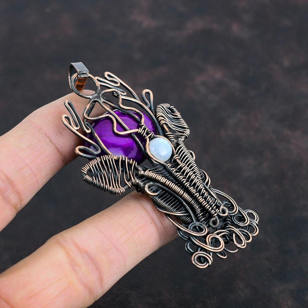 Purple Fire Labradorite Pendant Copper Wire Wrapped Gemstone Pendant Rainbow Moonstone Pendant Deer Face Pendant Handmade Jewelry For Gifts