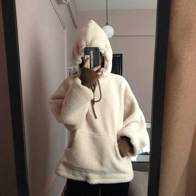 Women's Lambskin Letter Print Hooded Sweatshirt - Loose Fit, Autumn/Winter Korean Style