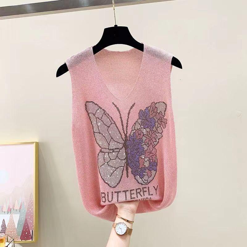 2023 Блестящий шелковый женский жилет без рукавов с V-образным вырезом - Новый стиль весна/лето, свободный крой с вязаным дизайном на бретелях с горячими бриллиантами