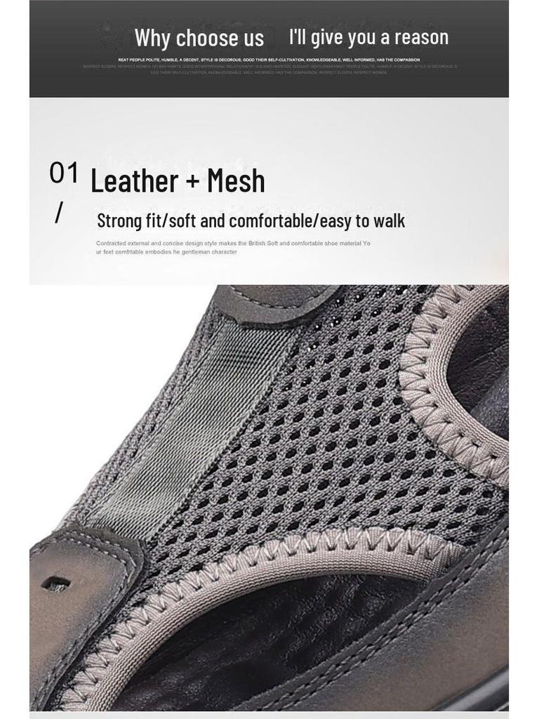 Мужские летние сандалии из натуральной кожи 2024 года с дышащей отделкой: Обувь Mesh для вождения, отдыха на природе, вброд и на пляже