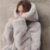 Корейское Толстое Бархатное Пальто с Капюшоном Женское Зимнее Свободное Плюшевая Куртка из Искусственного Меха Кролика Новая Версия Меховое Пальто