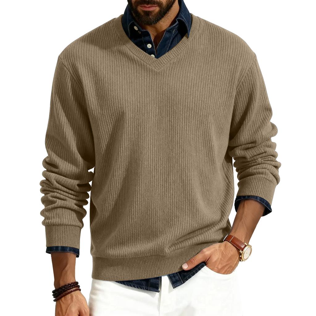 Men's V-neck Long-sleeved Ribbed Knit Pullover