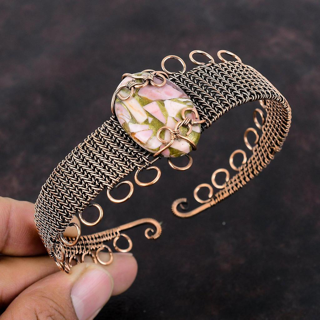 Браслет из медного розового опала, медная проволока, ювелирные изделия, браслет-манжета с драгоценным камнем, регулируемый браслет, браслет из проволочной обмотки, подарок для мамы, браслет ручной работы