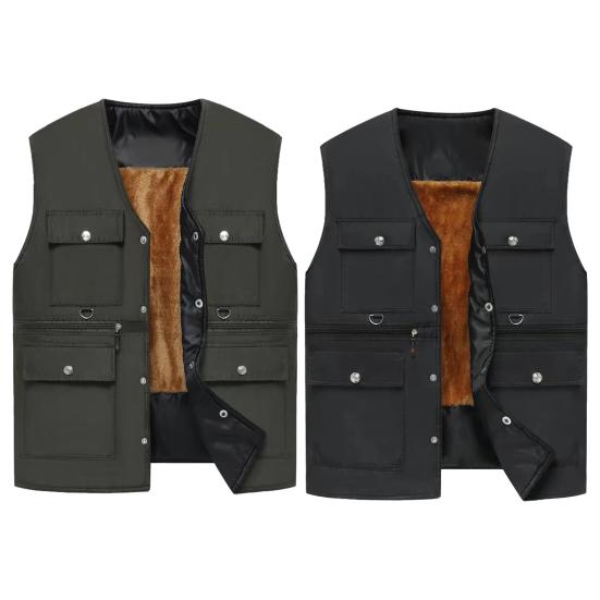 Мужской осенне-зимний жилет, толстый плюшевый жилет без рукавов на молнии с V-образным вырезом, сплошной цвет с несколькими карманами, жилет среднего возраста для отца-рыбалки, мужской зимний жилет, пальто