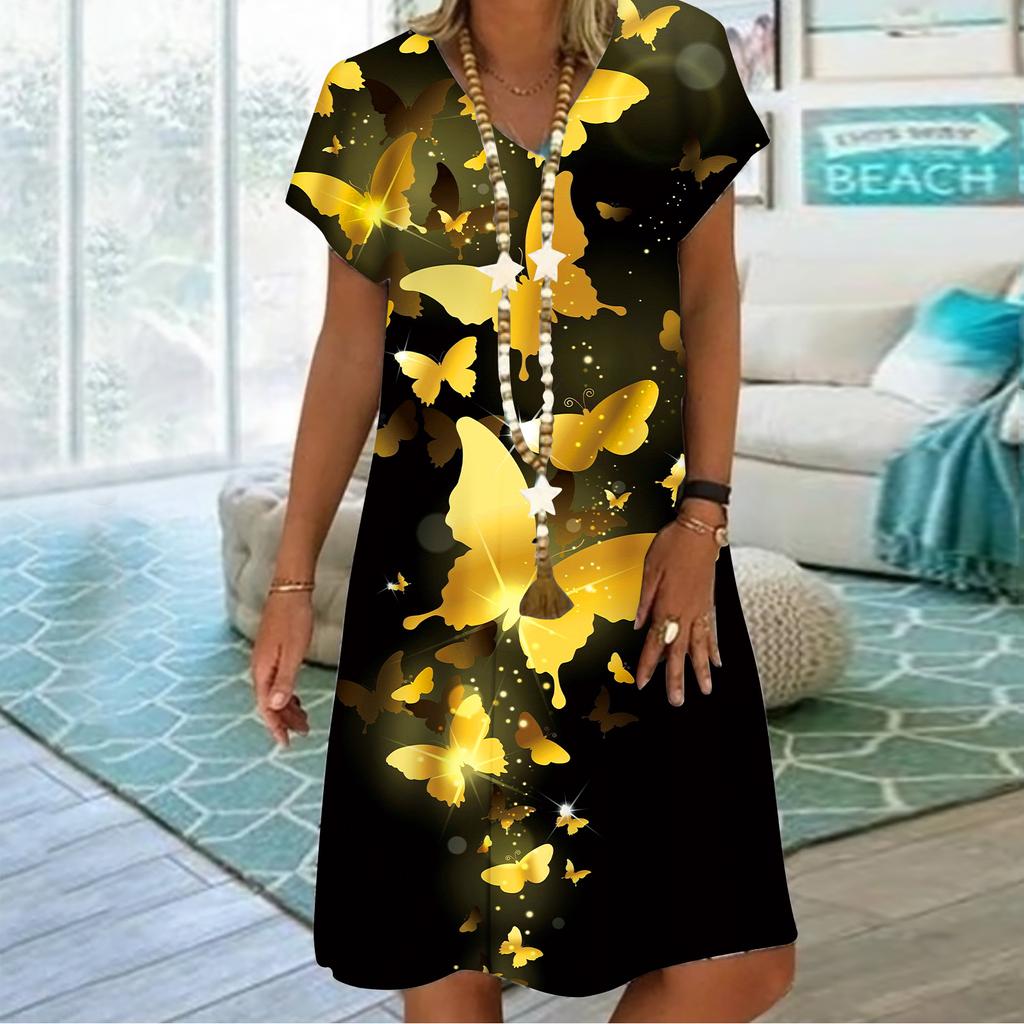 Летнее модное платье с v-образным вырезом, женское платье с коротким рукавом и принтом бабочки и луны, свободное повседневное платье для женщин
