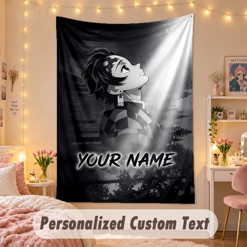 Custom Personalized Tapestry,Demon Slayer Print Custom Name Text Wall Art Hanging for Bedroom