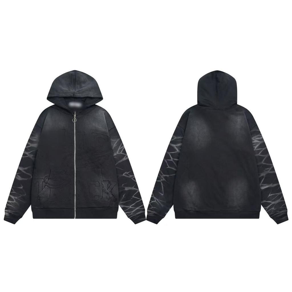 25SS high quality VAL beauty high street retro washing water old white ink direct injection hoodie men and women the same sweater