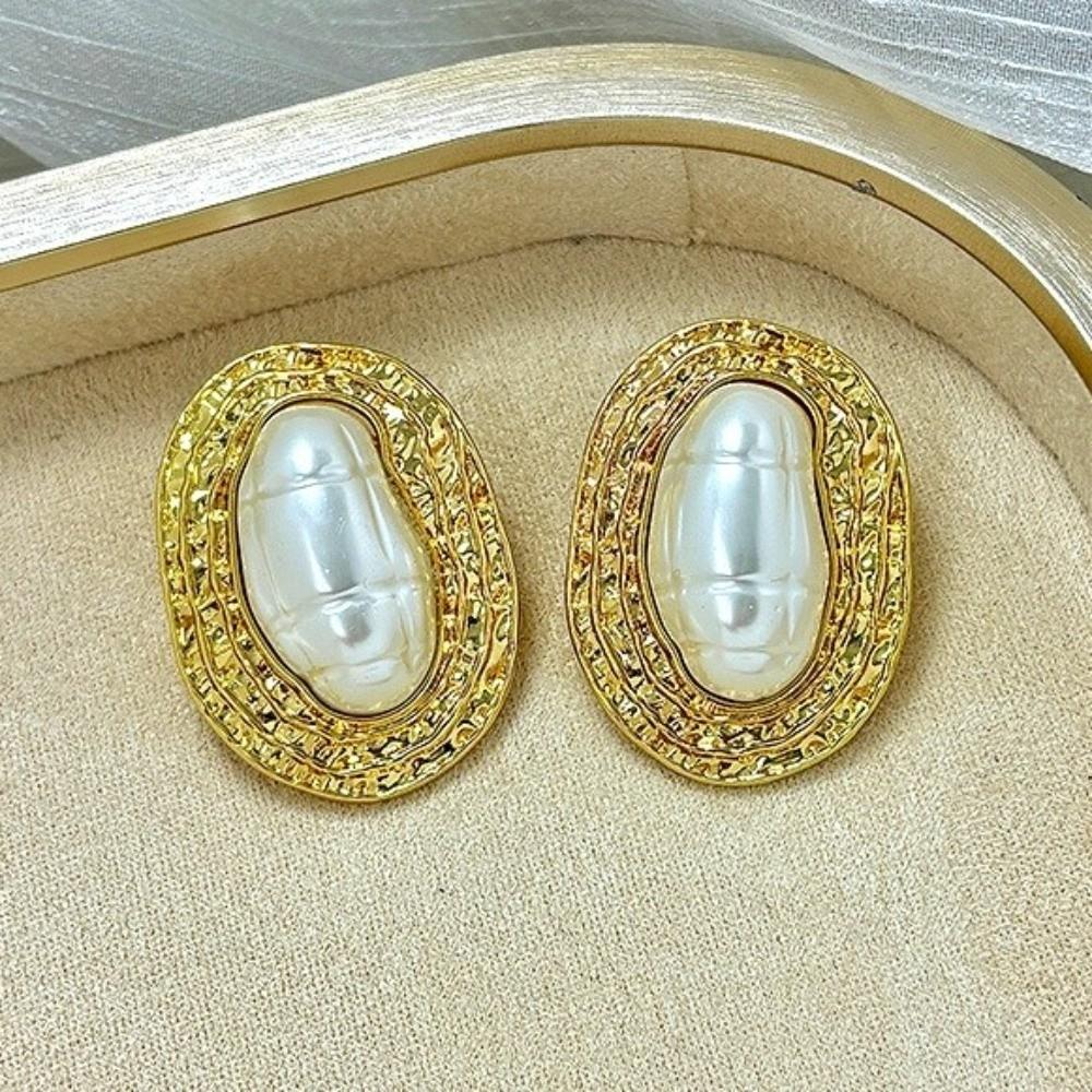 Gold Oval Metal Pearl Earrings Imitation Geometric Exaggerated Earrings Party Accessories