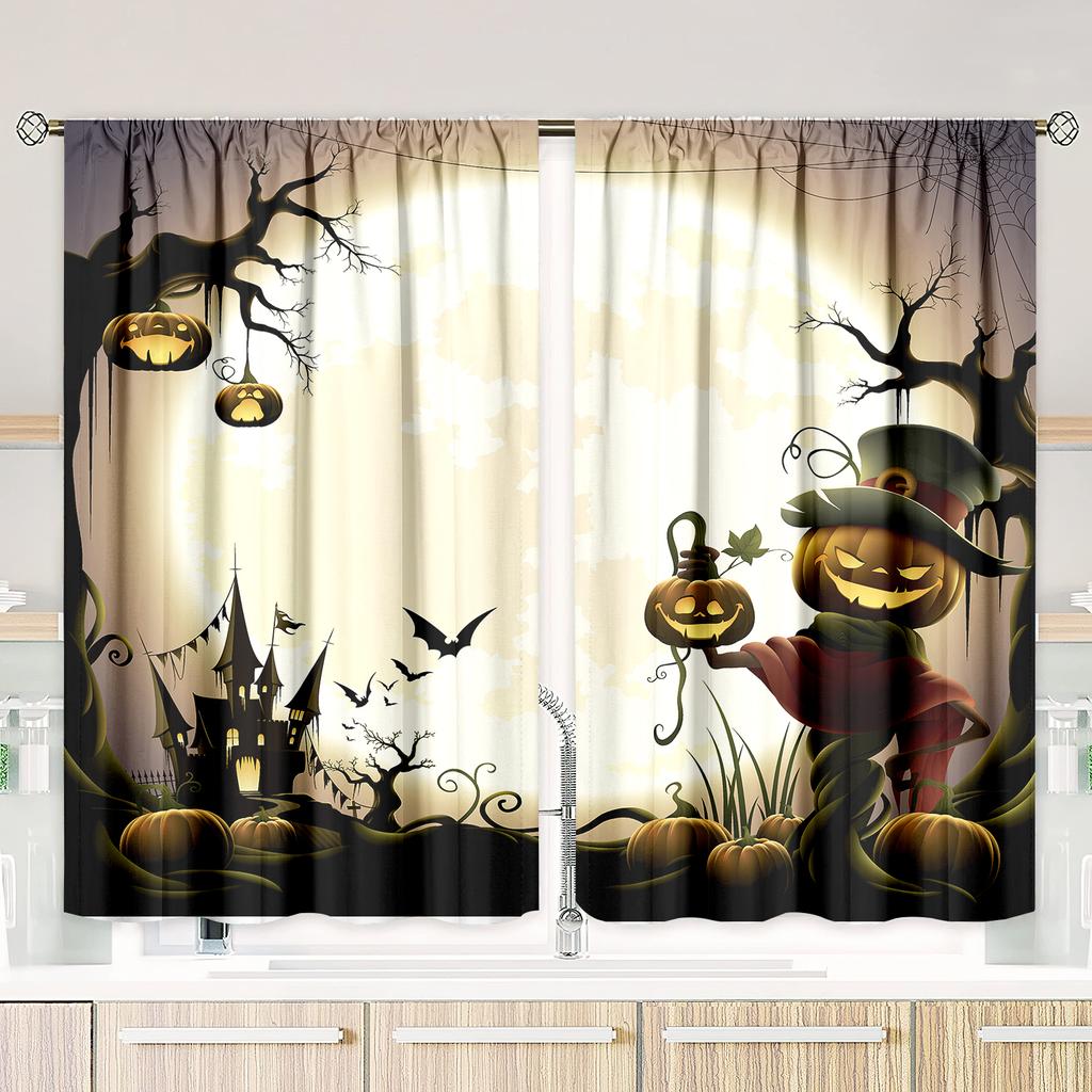 2 Pieces of Halloween Demon Pumpkin Castle Moonlight Printing Curtain - Polyester Material - Suitable for Bedroom Living Room St