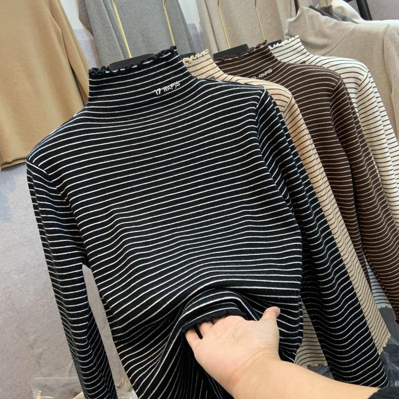 Women's Velvet Half-turtleneck, Striped Long-sleeved Undershirt, Autumn and Winter, Fungus Edge, Wear Outside