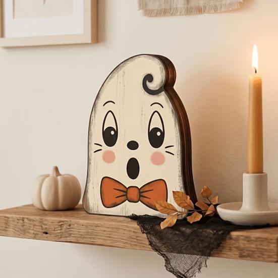 Decorative Tiered Tray Elements Halloween Vintage Wooden Ornaments, Cute Bat/Black Cat/Owl/Pumpkin/Ghost/Skull Decorations, Retro Double Sided Festive