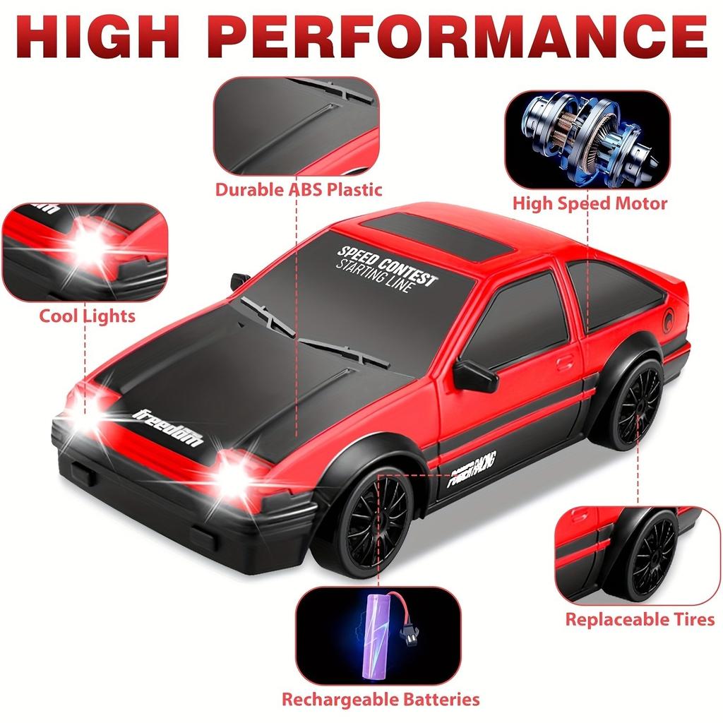 Remote Control Toy Car RC Drift 2.4GHz 1:24 Scale 15KM/H High Speed Model Vehicle LED Lights Drifting Tire Racing Toy for Gift