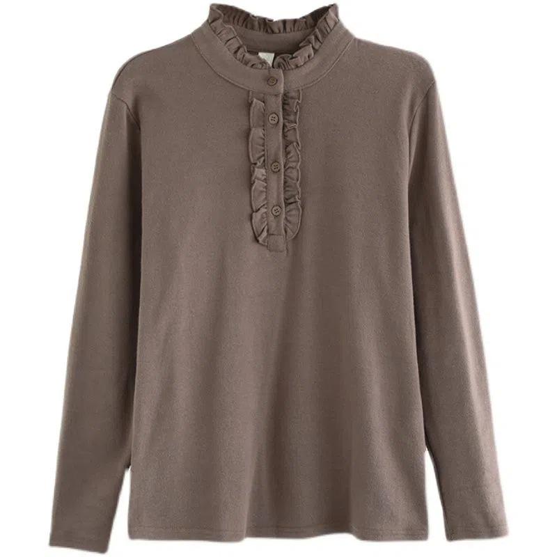 Женский приталенный базовый топ с длинным рукавом из бархата с ретро-рюшами на шее