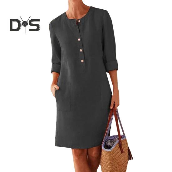 Осень-весна женское платье с круглым вырезом, однотонные пуговицы, свободное платье с длинными рукавами и накладным карманом длиной до колена, повседневное повседневное платье