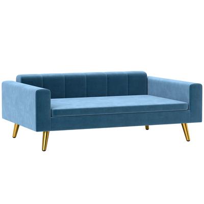 PawHut Dog Sofa Scandinavian Design Dog Bed Soft Cushion Gold Metal Feet 94 X 59.5 X 31.5 Cm Silky Velvet Blue