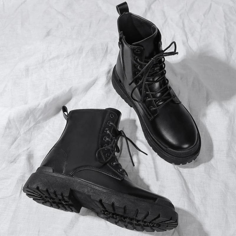 Мужские черные кожаные ботинки, новые британские высокие модные рабочие ботинки, уличная модная мужская обувь, удобные короткие