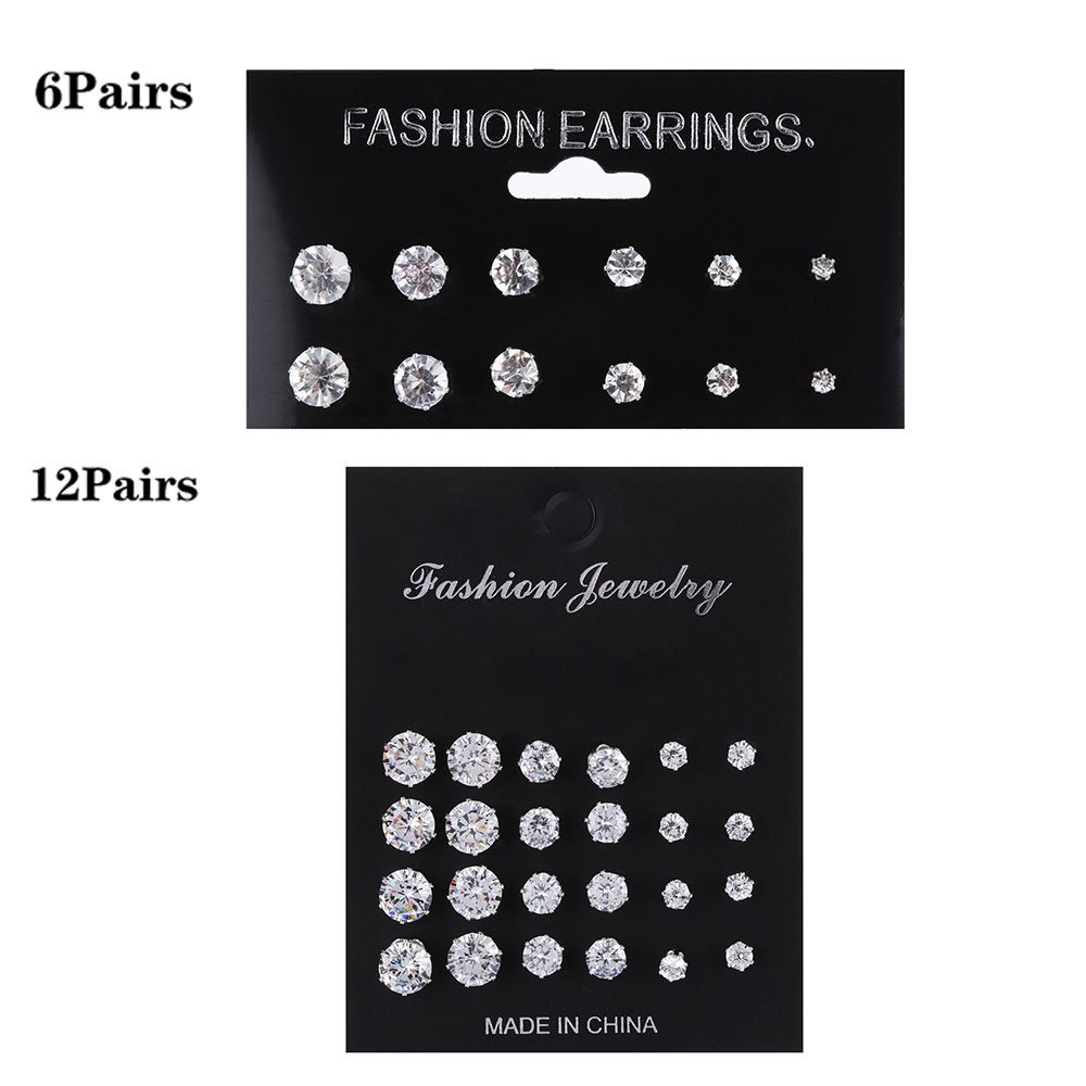 6/12Pairs Elegant Wedding Jewelry Gift Geometric Crystal Stud Earrings Set Round Zircon Alloy Silver