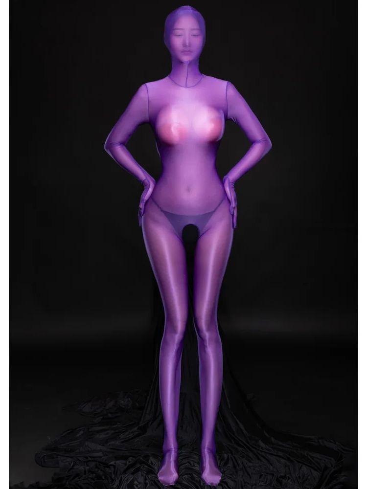 M XL Комбинезон с капюшоном Блестящий нейлон Полный костюм Zentai Боди с открытой промежностью Облегающий сексуальный трико Боди-комбинезон