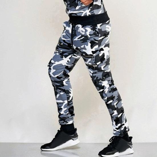 Men Cargo Pants Drawstring Elastic Waist Camouflage Print Multi Zippered Pockets Ankle-banded Slim Fit Casual Daily Wear