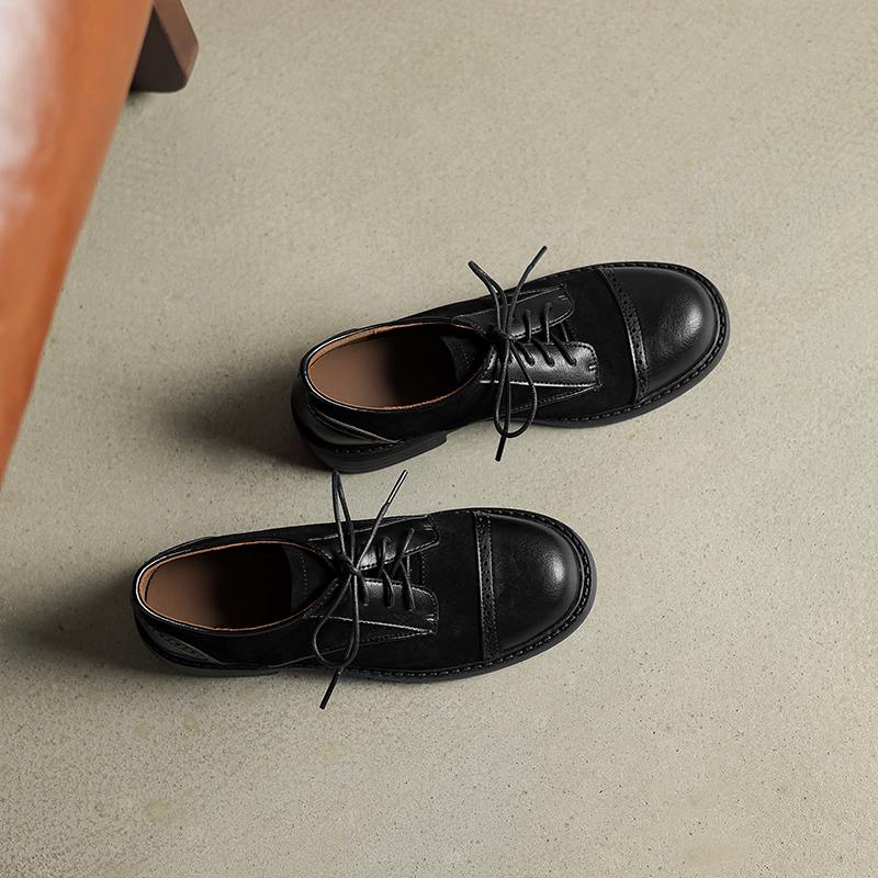 Krazing Pot Cow Skin Nubuck Spring Summer Size 40 Loafers Thick Med Heels Lace Up Women Round Toe Leisure Pumps