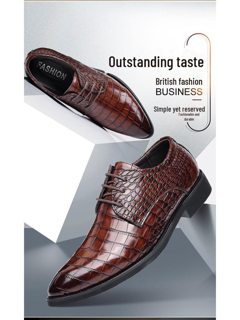 2024 Men's Crocodile Pattern Leather Shoes - Business & Casual, British Korean Style, Large Size, Pointed Toe