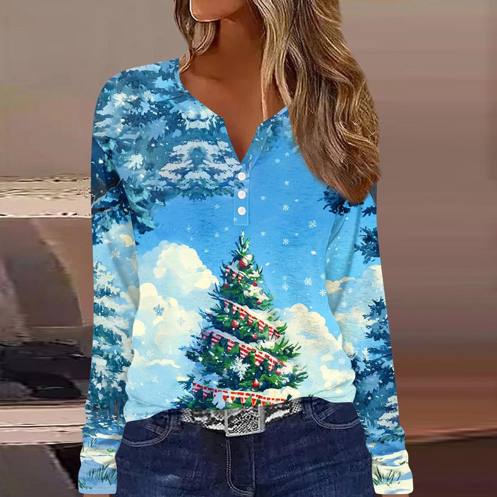 Женская футболка с пуговицами и рождественским принтом, длинный рукав, повседневная, выходного дня, модная, базовая, с V-образным вырезом, обычная