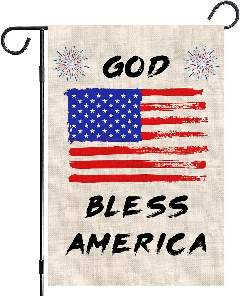 Patriotic God Bless America Garden ag 4th of July 12" x 18" Small Double Sided Readable Yard Burlap Welcome Stars and KKL WZZ