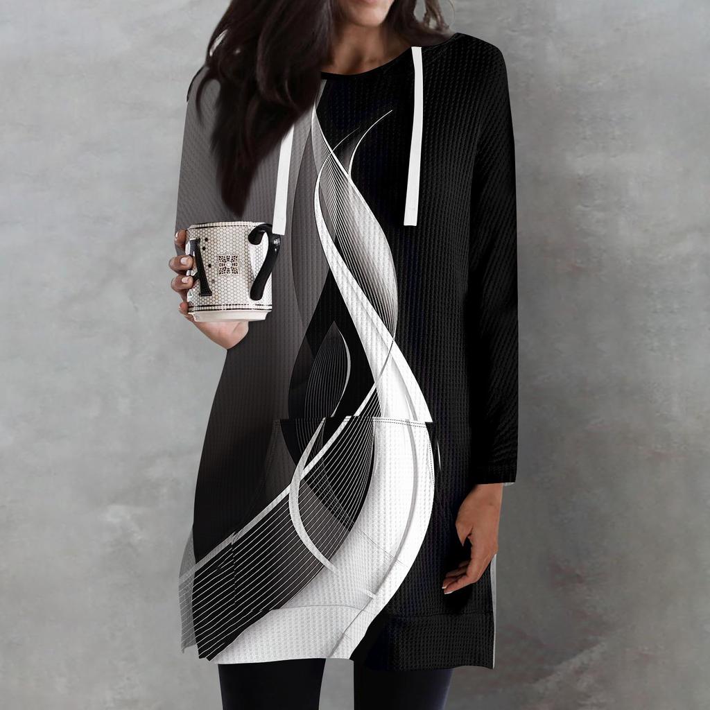 Женские свободные рубашки с принтом, длинные рукава, толстовки с завязками, трикотажные туники с боковыми разрезами, топы с капюшоном и карманом