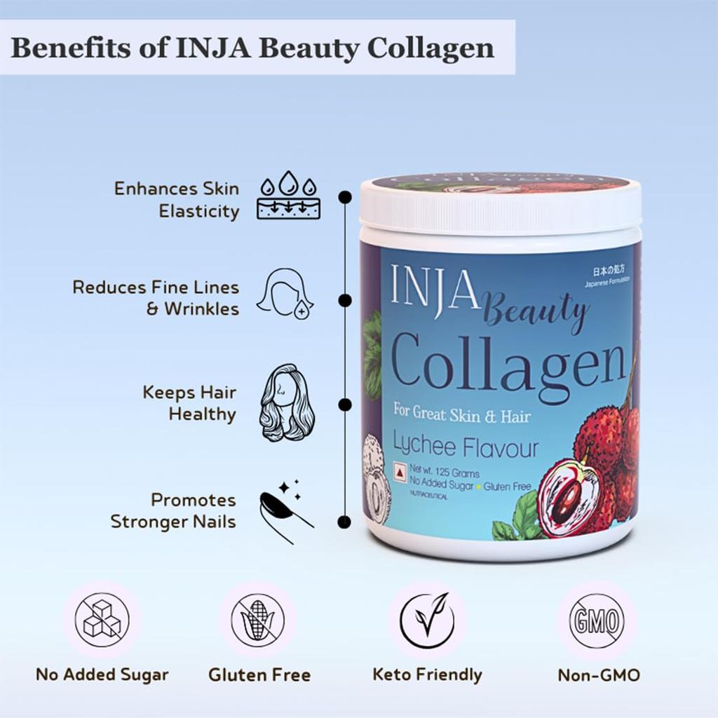 INJA Wellness Beauty Морская коллагеновая добавка с витамином С, коллаген с японской формулой, здоровая кожа и волосы, вкус личи, 125 г