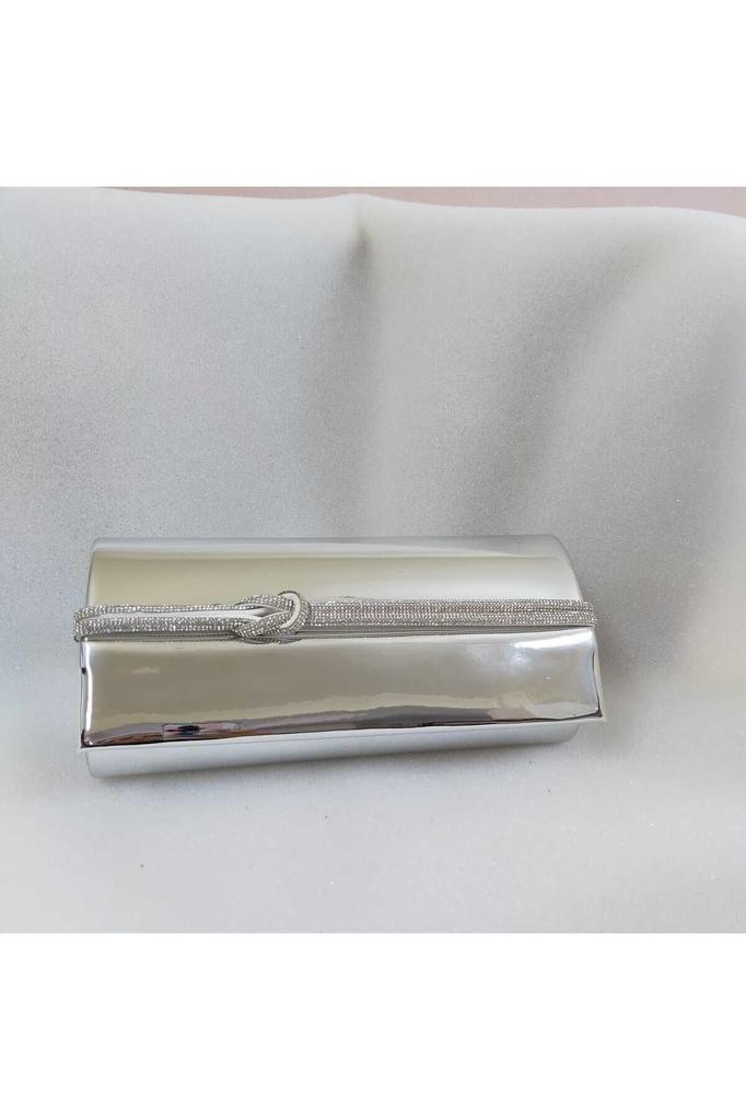 Women's Stylish and Useful Evening Dress Bag Silver Lame Shiny Silver Stone Evening Bag