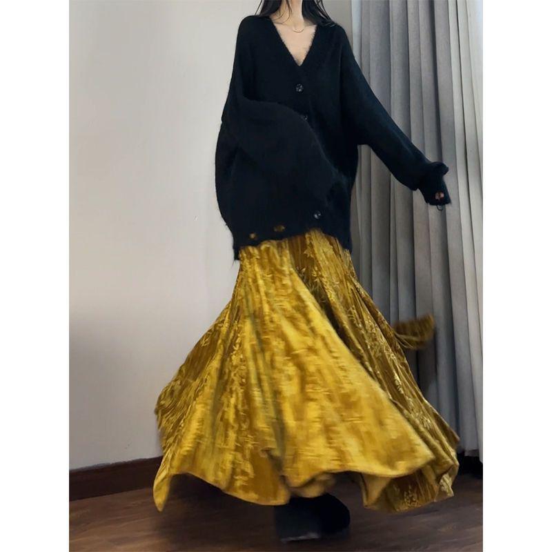 Элегантная темно-фиолетовая бархатная юбка-русалка с высокой талией - Стройнящий осенне-зимний стиль с широким подолом