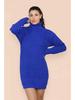Women's Knitted Turn-Down Collar Sweater Dress - Loose Mid-Length Solid Color Pullover