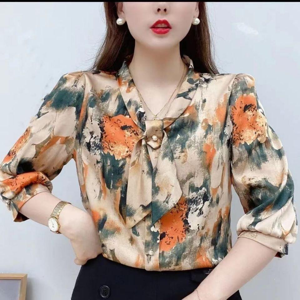 Chiffon Shirt Bow Lace-up Collar Half Sleeved Printed Top Women's Loose Thin Simple Casual Commute Top Elegant Temperament Spring and Summer