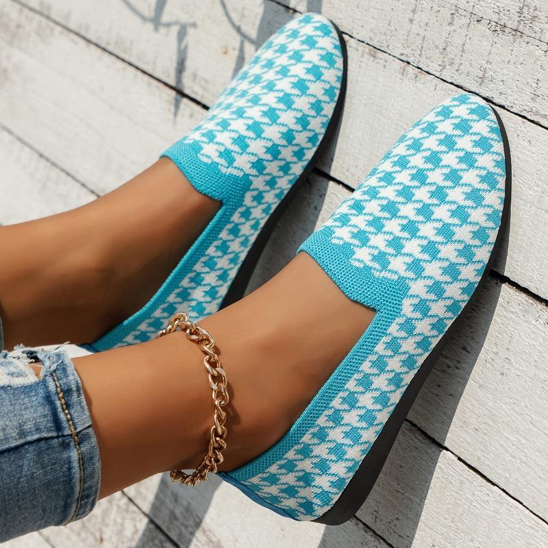 New Round Toe Flat Shoes Female Shallow Mouth Sports Footwear Womens Plus Size Walking Knitting Sandals Plaid Print Loafers