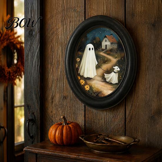 Sweet Cool Halloween Sign Gothic Oval Wooden Hanging Plaque, Vintage Black Cat Ghost Wall Retro Oil Painting Style Sign, Waterproof Decorative Art for