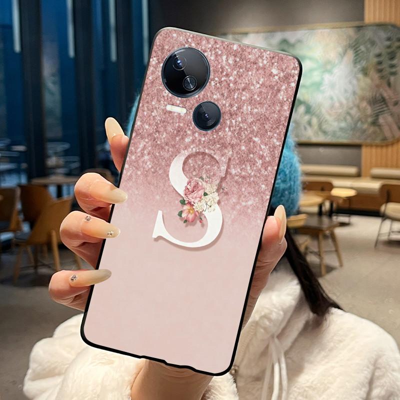 Защитный чехол от царапин для Tecno Spark 10 5G, модный новый, с черными и розовыми буквами и цветком, из мягкого силикона, черная задняя крышка