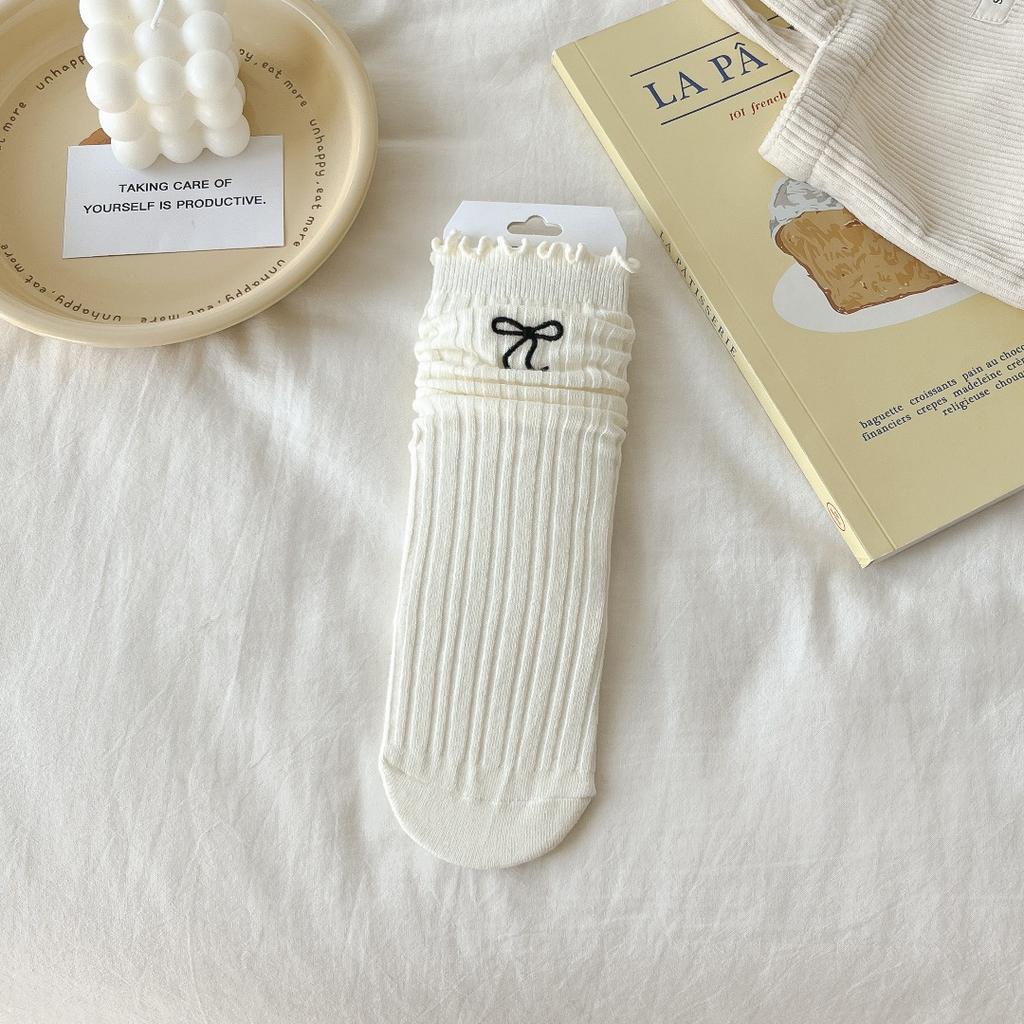 Женские носки Miu, женские хлопковые носки Mori с двойной иглой, с вышитым бантом и грибком, средние носки-трубы
