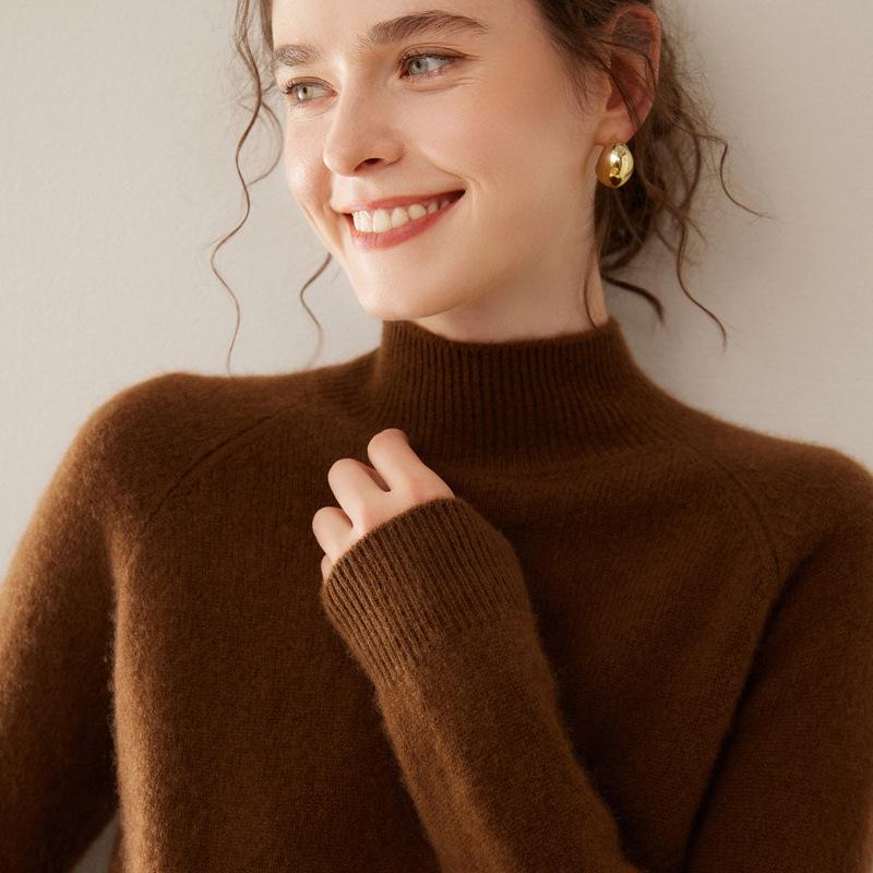 Women's 100% Pure Cashmere Soft Knit Sweater, Half-High Neck, Loose, Skin-Friendly, Slimming Base Layer